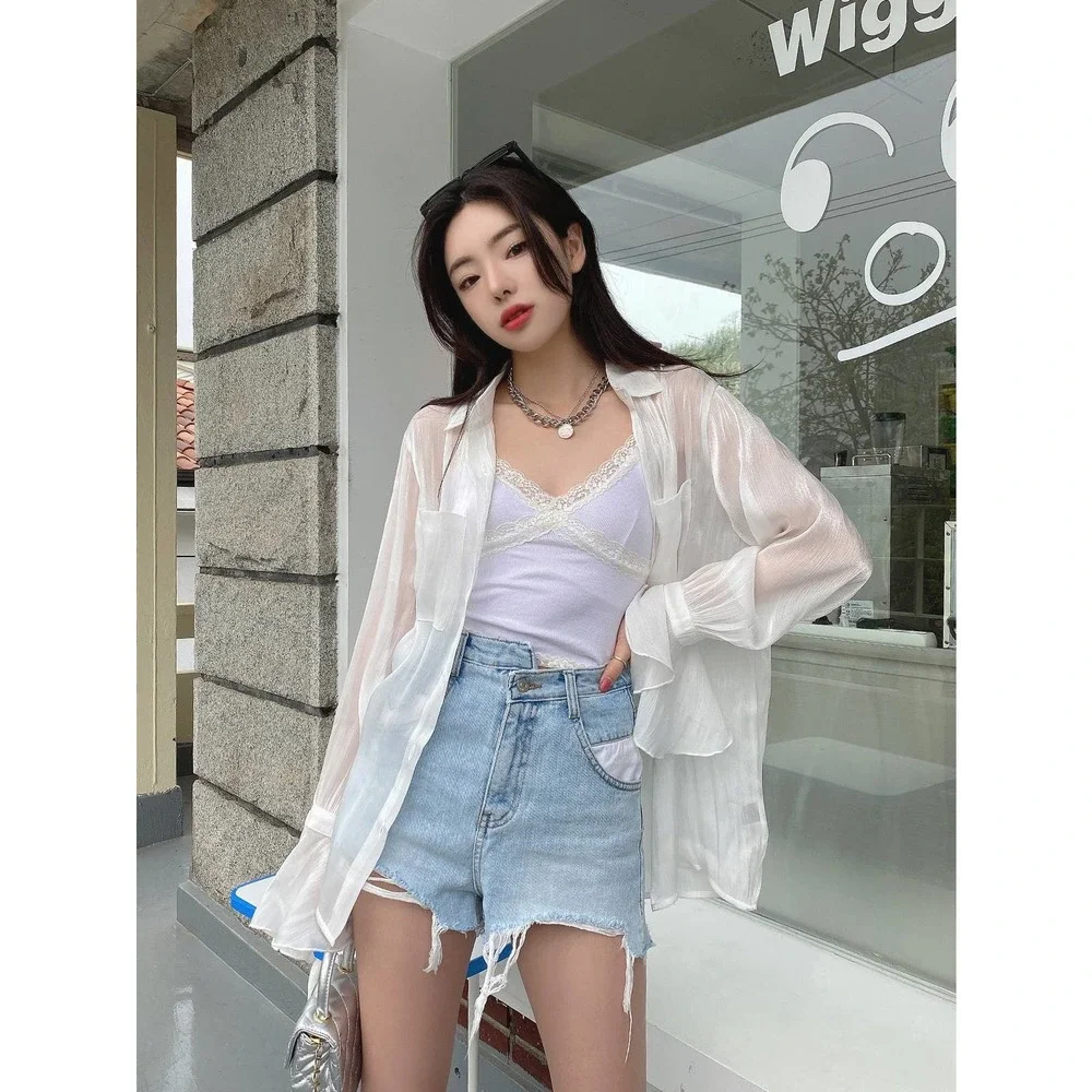 Dual Pocket Front Flounce sleeve button down Shirt white - Picture 5 of 8